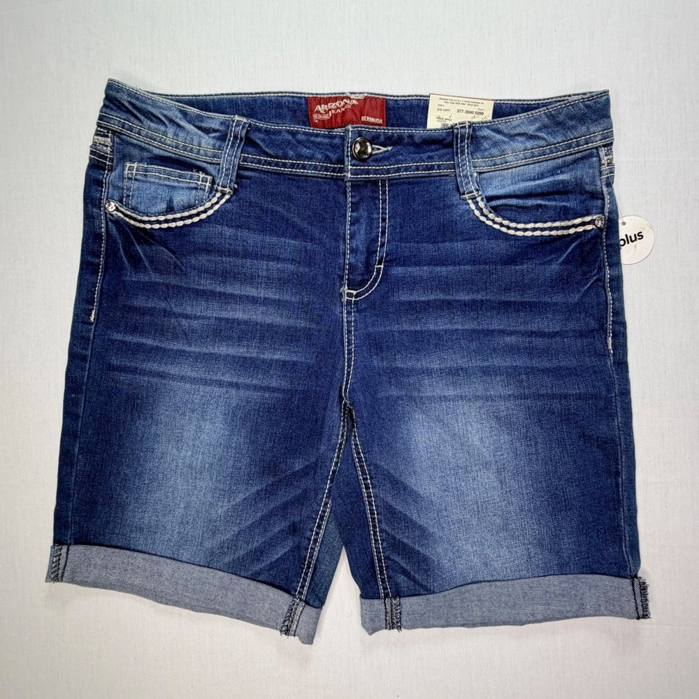 Arizona Jeans Women's 14 Plus Blue Denim Bermuda Shorts‎ Rhinestone Cuffed